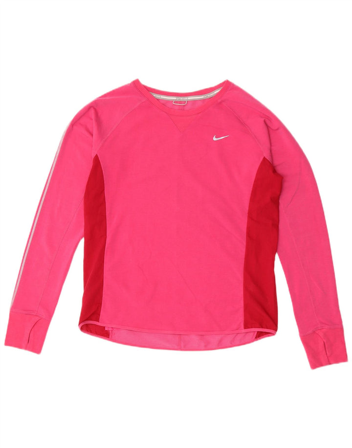 Nike Womens Dri Fit Top Long Sleeve UK 14 Medium Pink Colourblock Lyocell