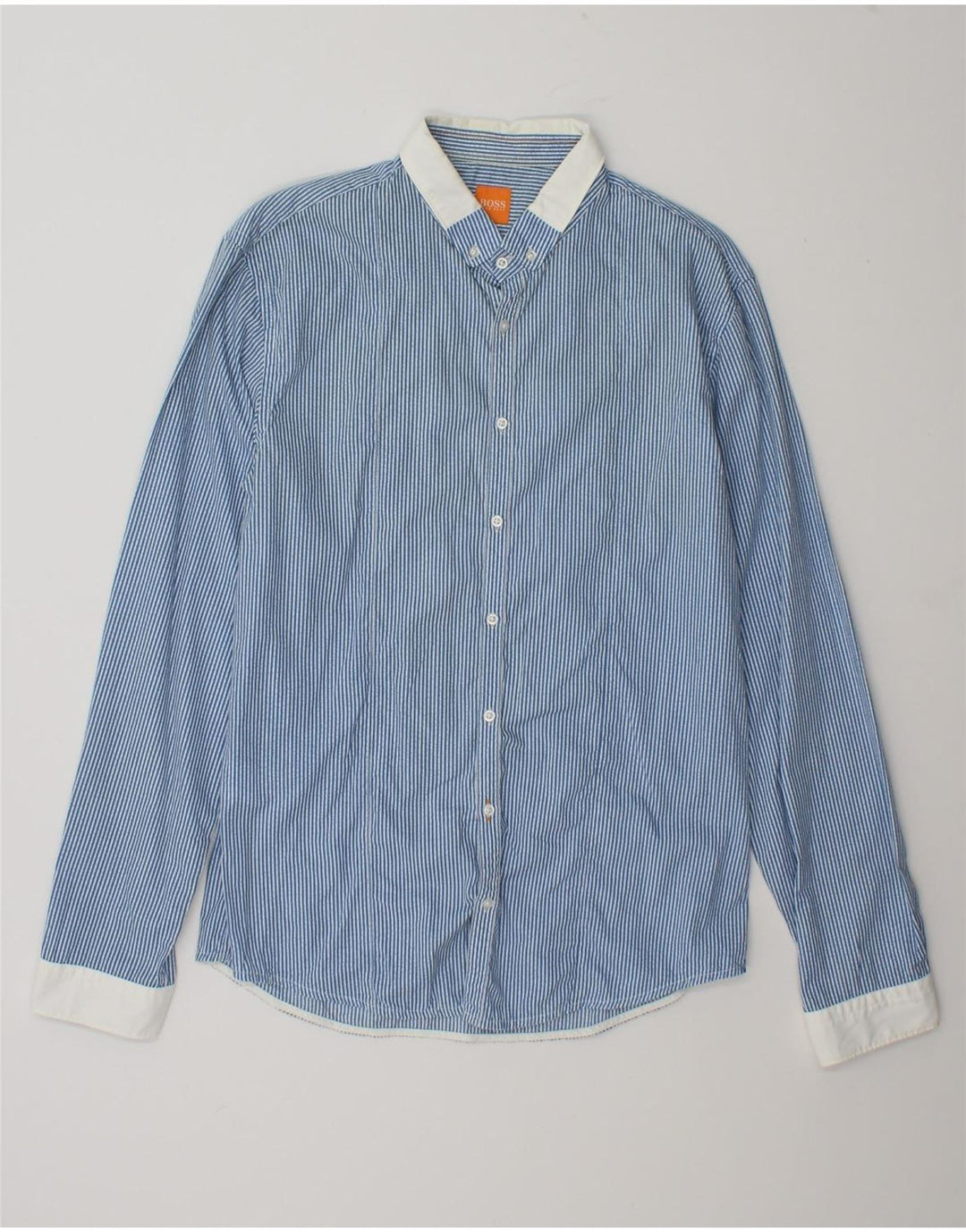 Hugo Boss Mens Slim Fit Shirt Large Blue Striped Cotton