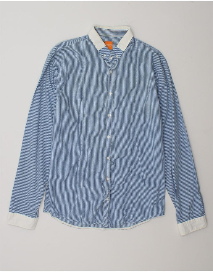 Hugo Boss Mens Slim Fit Shirt Large Blue Striped Cotton