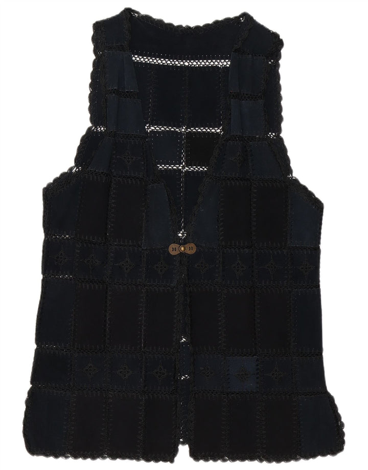 Vintage Womens Suede Gilet UK 16 Large Navy Blue Patchwork