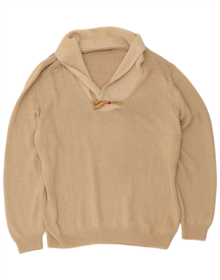 Massimo Dutti Mens Shawl Neck Jumper Sweater 2XL Beige Cotton