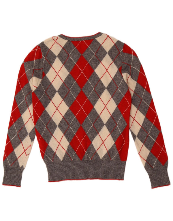 Benetton Womens Boat Neck Jumper Sweater UK 10 Small Grey Argyle/Diamond