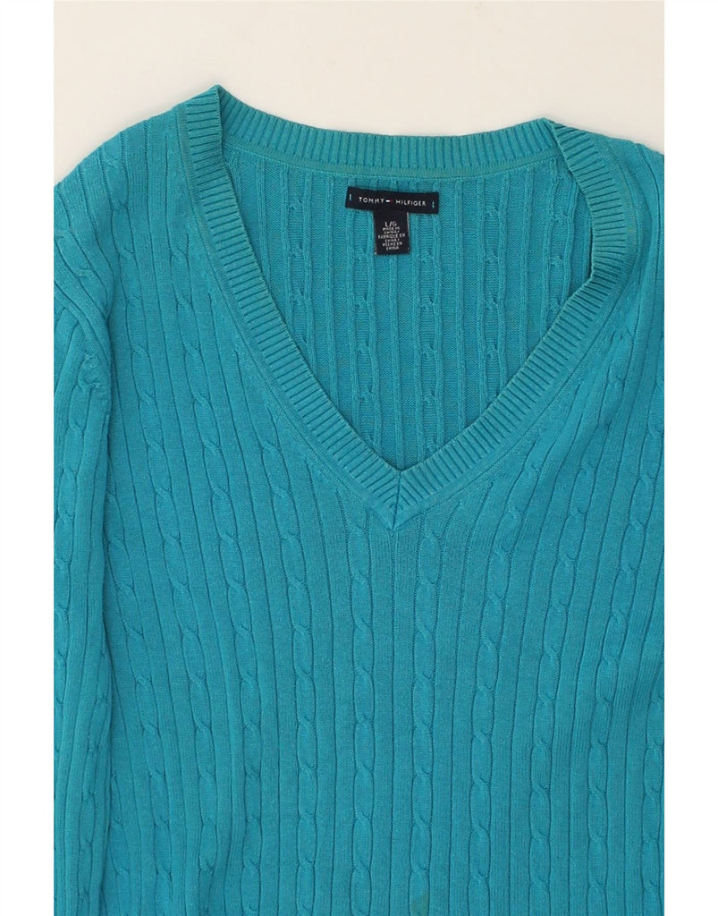 TOMMY HILFIGER Womens V-Neck Jumper Sweater UK 14 Large Turquoise Cotton | Vintage Tommy Hilfiger | Thrift | Second-Hand Tommy Hilfiger | Used Clothing | Messina Hembry 