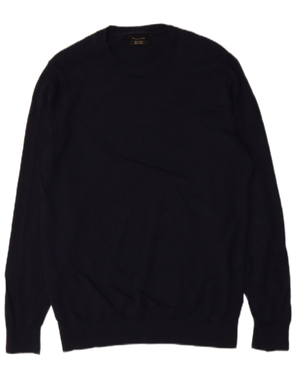 Massimo Dutti Mens Crew Neck Jumper Sweater XL Navy Blue Merino Wool
