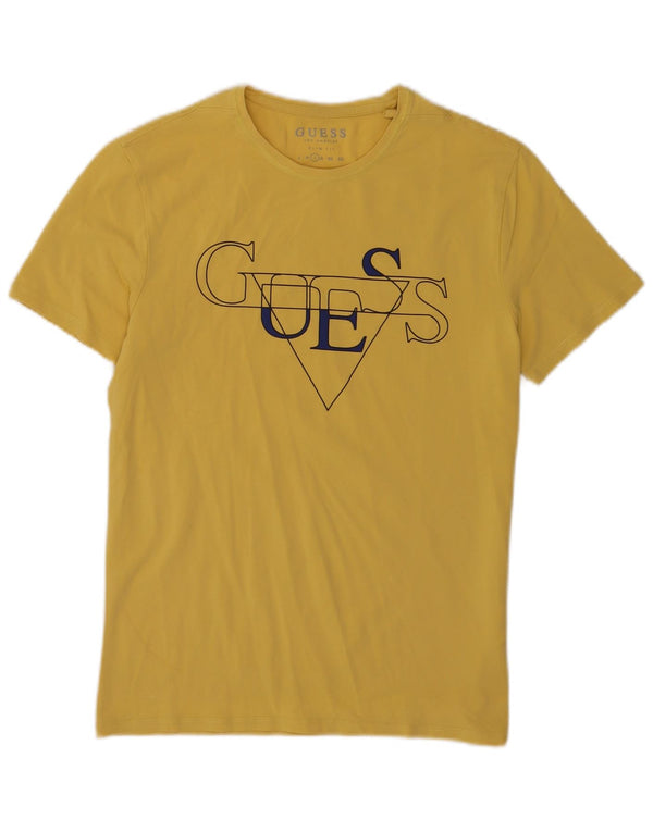 Guess Mens Slim Fit Graphic T-Shirt Top Large Yellow Cotton