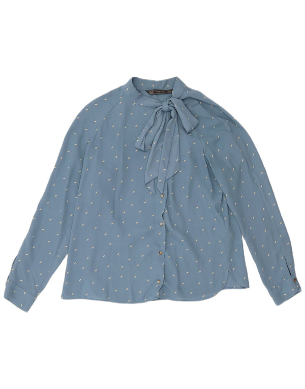 Zara Womens Trafaluc Front Tie Shirt Blouse UK 14 Medium Blue Spotted