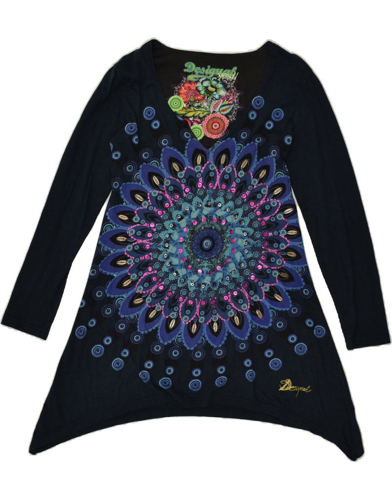 DESIGUAL Womens Graphic Tunic Top UK 12 Medium Navy Blue | Vintage Desigual | Thrift | Second-Hand Desigual | Used Clothing | Messina Hembry 