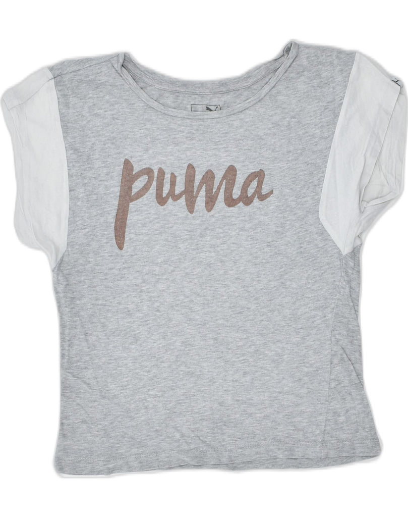 PUMA Girls Graphic T-Shirt Top 9-10 Years Grey Colourblock Cotton | Vintage | Thrift | Second-Hand | Used Clothing | Messina Hembry 