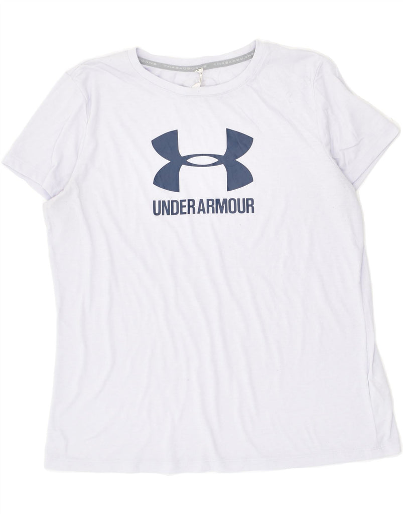 UNDER ARMOUR Womens Graphic T-Shirt Top UK 16 Large Blue Polyester | Vintage Under Armour | Thrift | Second-Hand Under Armour | Used Clothing | Messina Hembry 