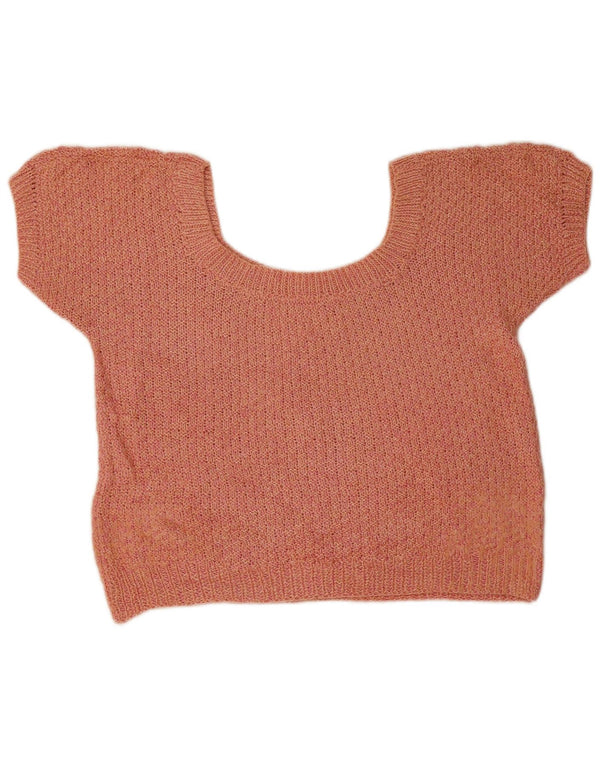 Vintage Womens Crop Short Sleeve Boat Neck Jumper Sweater UK 16 Large Pink