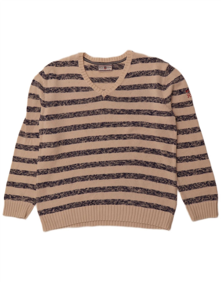RHODE ISLAND Mens V-Neck Jumper Sweater Large Beige Striped Cotton
