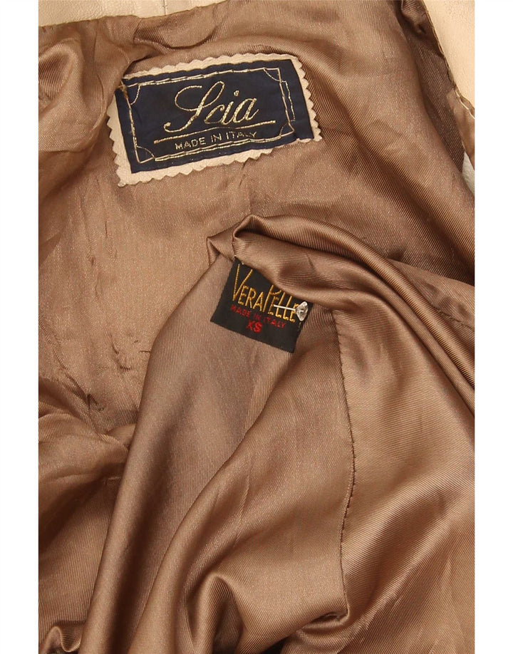 Vintage Womens Oversized 3/4 Sleeve Leather Jacket UK 6 XS Beige