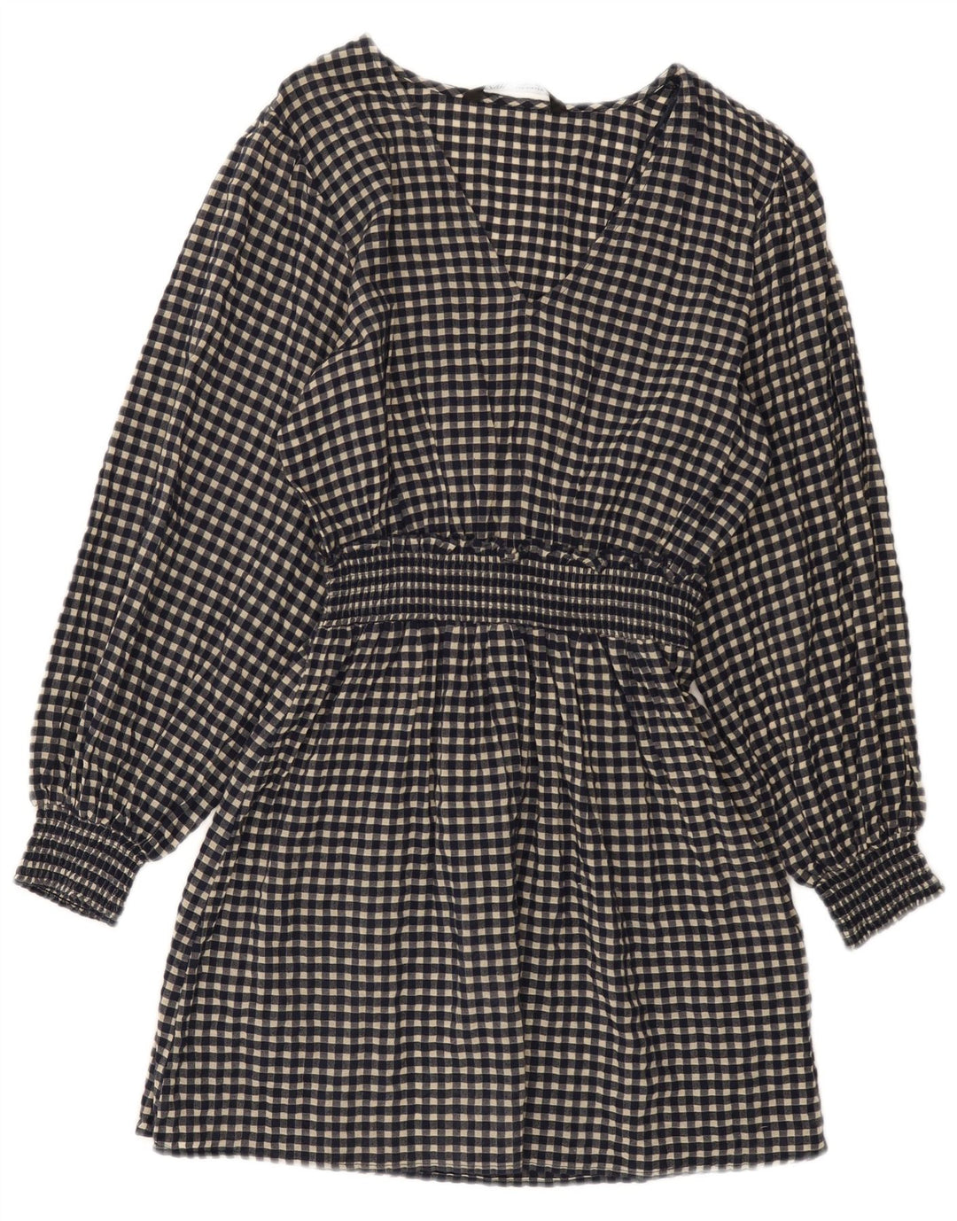 Zara Womens Long Sleeve Basic Dress UK 10 Small Navy Blue Gingham Cotton