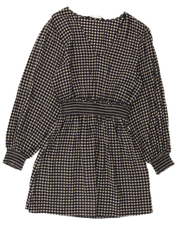 Zara Womens Long Sleeve Basic Dress UK 10 Small Navy Blue Gingham Cotton