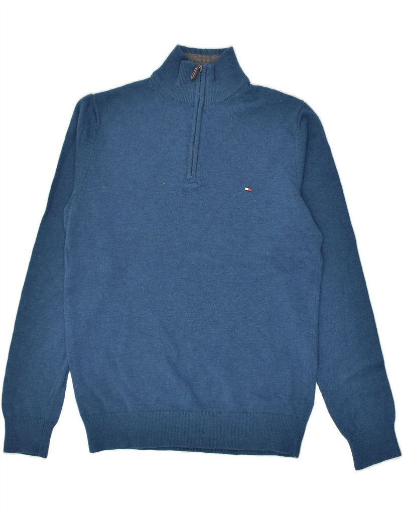 TOMMY HILFIGER Mens Zip Neck Jumper Sweater Medium Blue Lambswool | Vintage Tommy Hilfiger | Thrift | Second-Hand Tommy Hilfiger | Used Clothing | Messina Hembry 