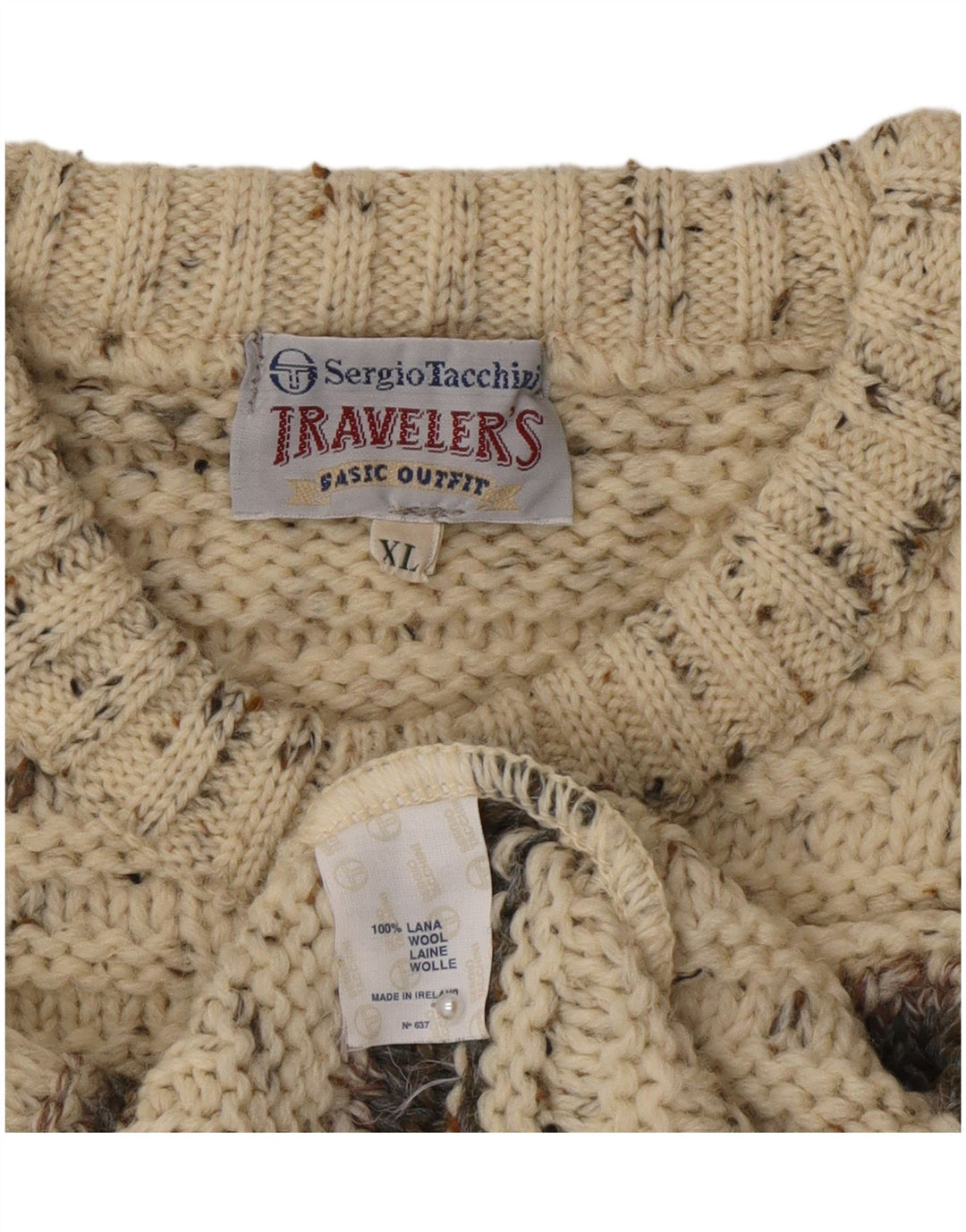 Sergio Tacchini Mens Crew Neck Jumper Sweater XL Beige Striped Wool