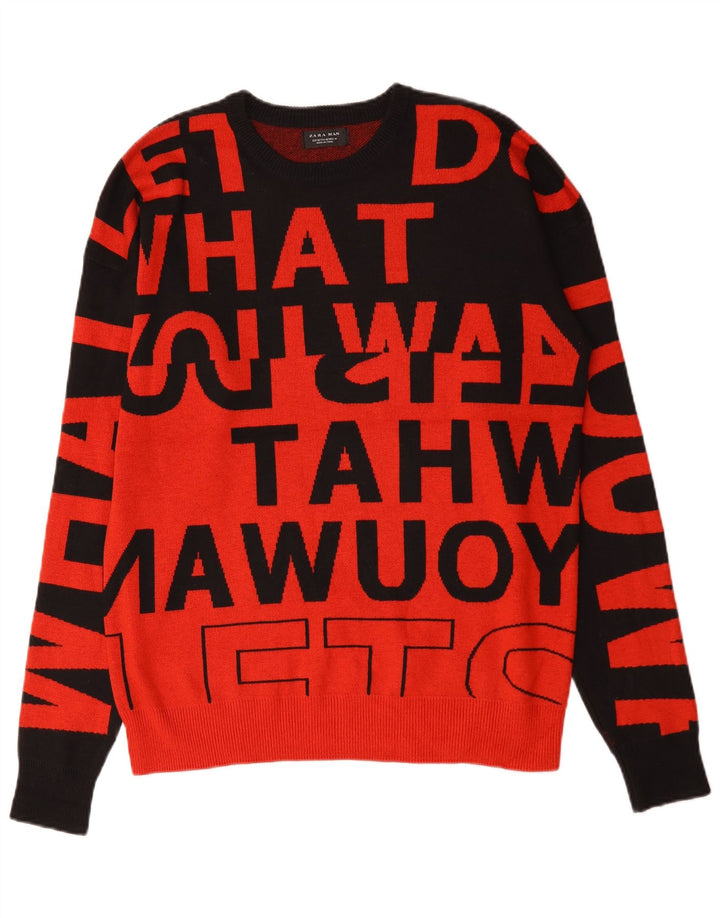 Zara Mens Graphic Crew Neck Jumper Sweater Medium Red Colourblock Nylon