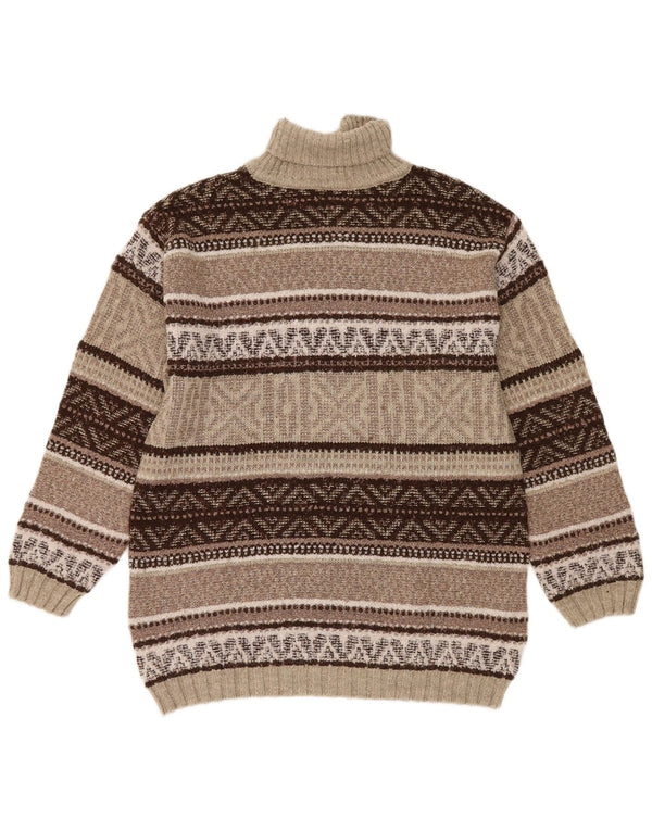 Vintage Mens Roll Neck Jumper Sweater Medium Brown Geometric Wool
