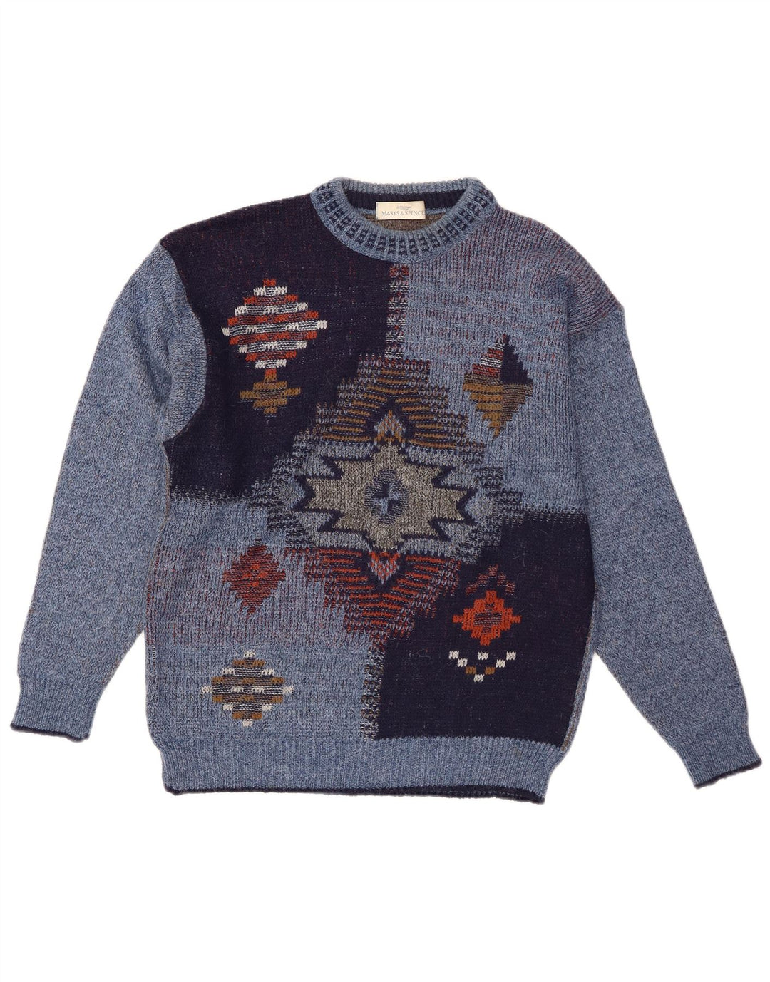 St Michael Mens Crew Neck Jumper Sweater Small Blue Geometric Acrylic