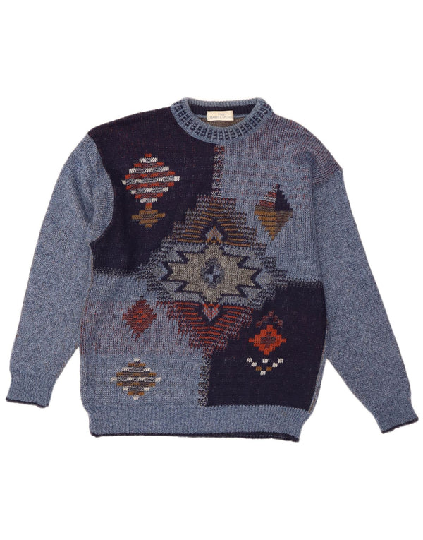 St Michael Mens Crew Neck Jumper Sweater Small Blue Geometric Acrylic