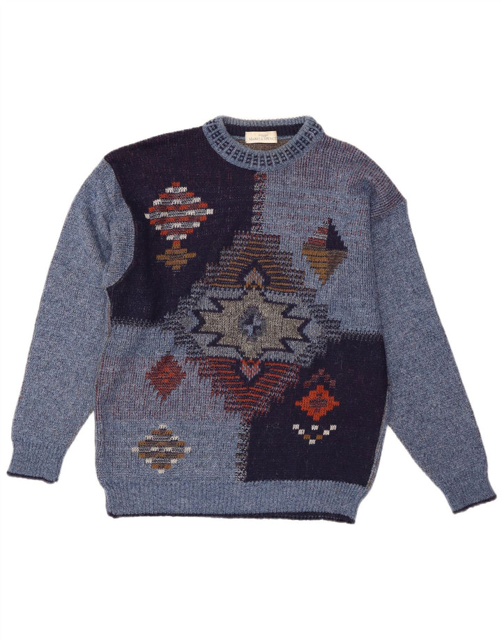 St Michael Mens Crew Neck Jumper Sweater Small Blue Geometric Acrylic