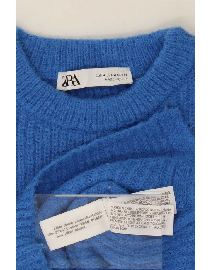 Zara Womens Crop Crew Neck Jumper Sweater UK 14 Medium Blue Polyester