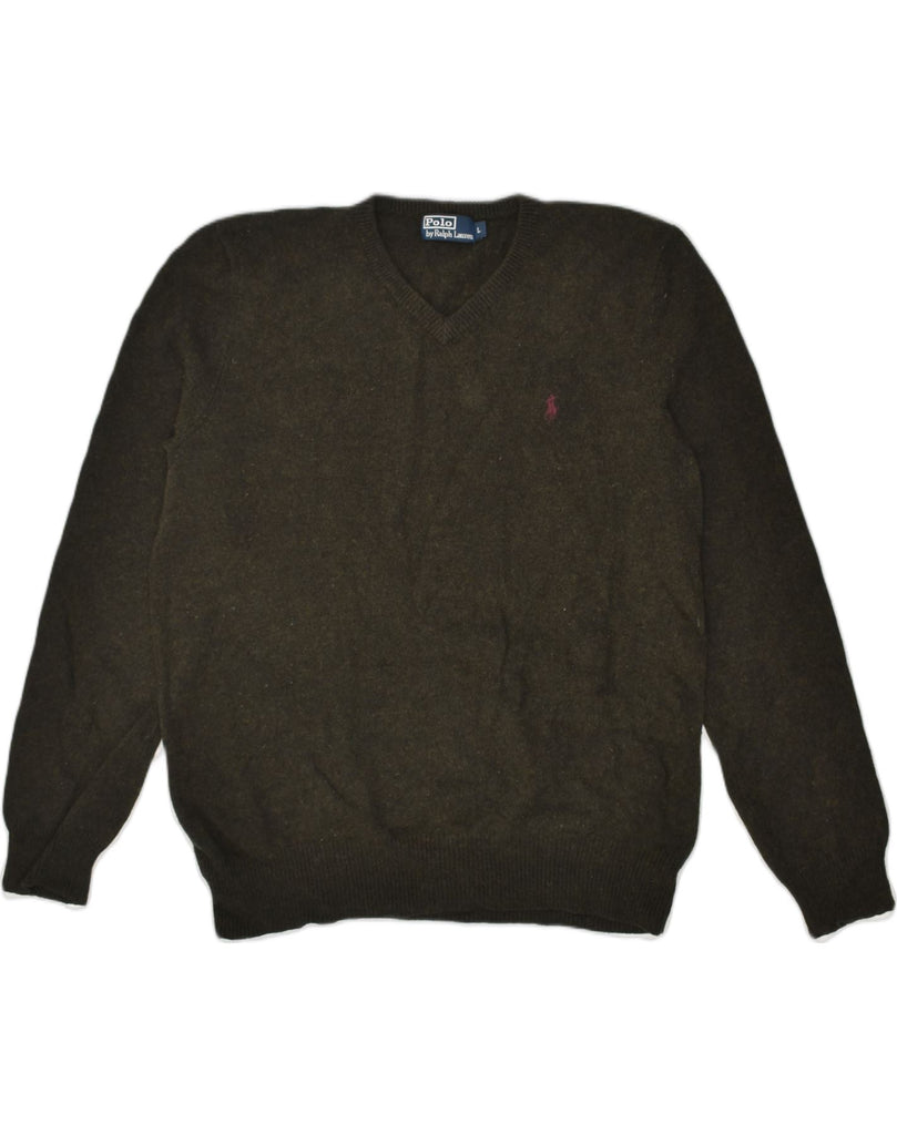 POLO RALPH LAUREN Mens V-Neck Jumper Sweater Large Khaki Wool | Vintage Polo Ralph Lauren | Thrift | Second-Hand Polo Ralph Lauren | Used Clothing | Messina Hembry 