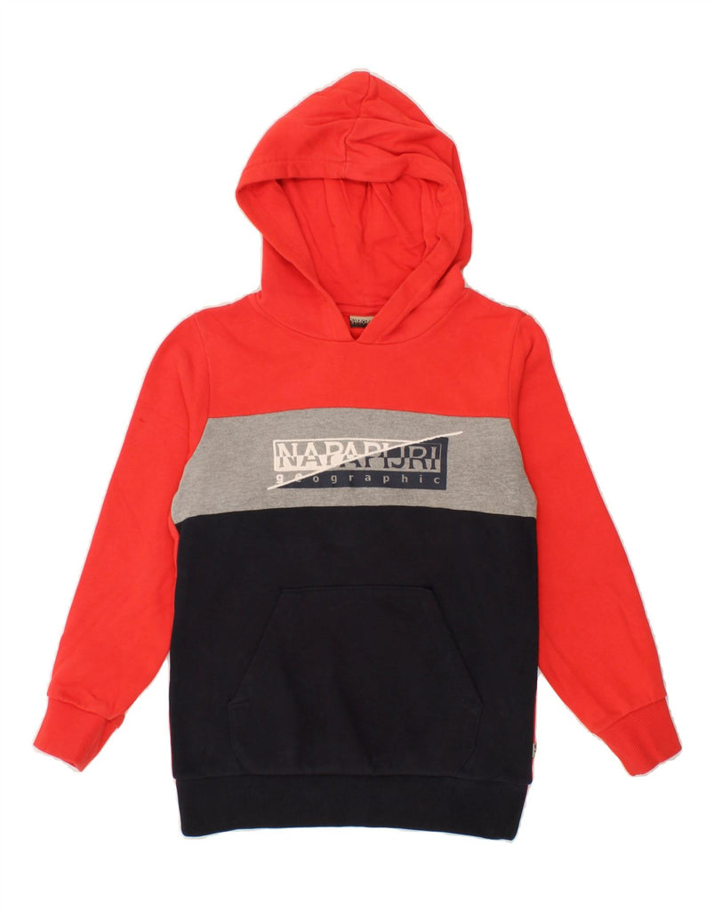 NAPAPIJRI Boys Graphic Hoodie Jumper 9-10 Years Red Colourblock Cotton Vintage Napapijri and Second-Hand Napapijri from Messina Hembry 