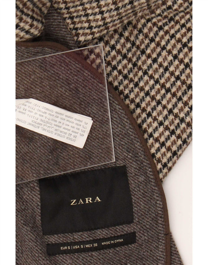 Zara Mens Overcoat UK 36 Small Brown Houndstooth Polyester