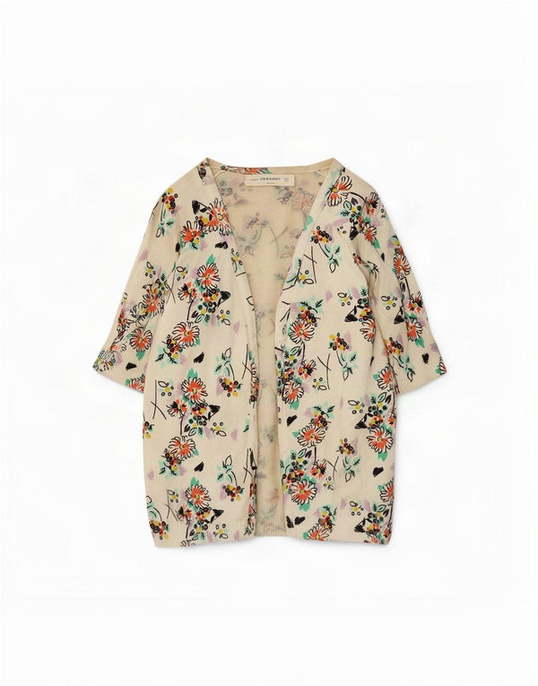 Zara Womens 1/2 Sleeve Open Cardigan Sweater UK 14 Medium Off White Floral