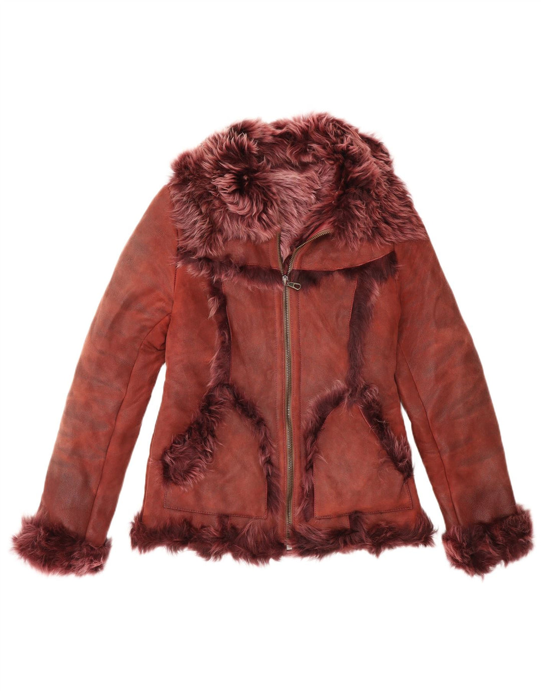 L'autre Chose Womens Shearling Jacket UK 10 Small Burgundy