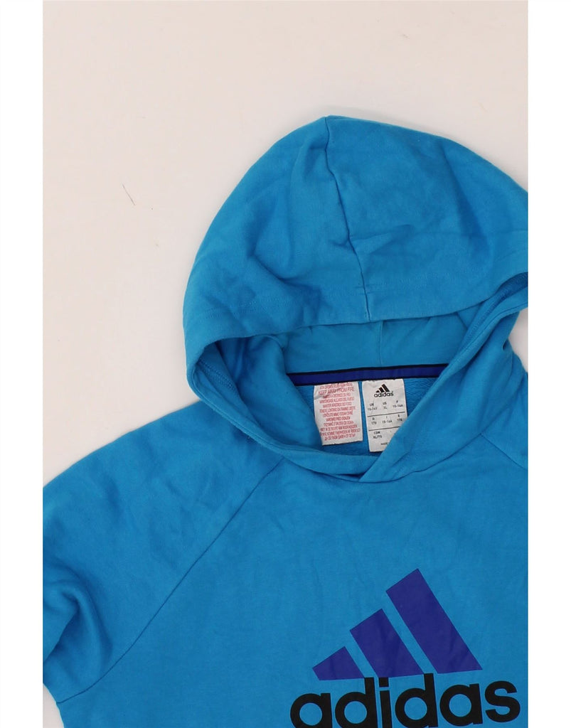 ADIDAS Boys Graphic Hoodie Jumper 15-16 Years Blue Cotton Vintage Adidas and Second-Hand Adidas from Messina Hembry 