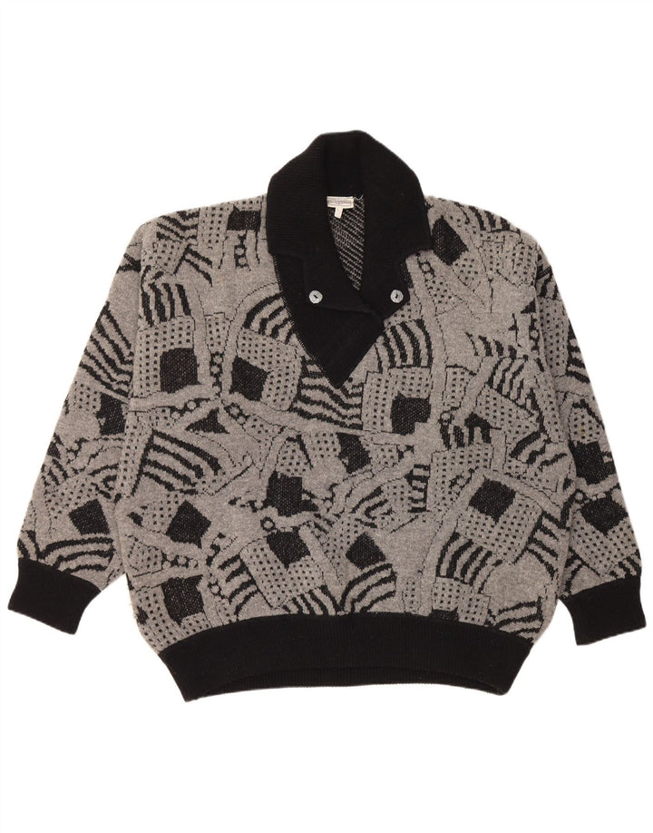 VINTAGE Womens Shawl Neck Jumper Sweater UK 16 Large Grey Geometric