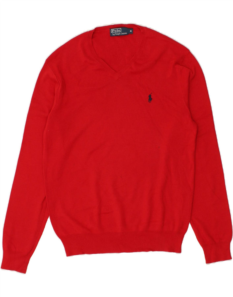 POLO RALPH LAUREN Mens V-Neck Jumper Sweater Medium Red Cotton | Vintage Polo Ralph Lauren | Thrift | Second-Hand Polo Ralph Lauren | Used Clothing | Messina Hembry 
