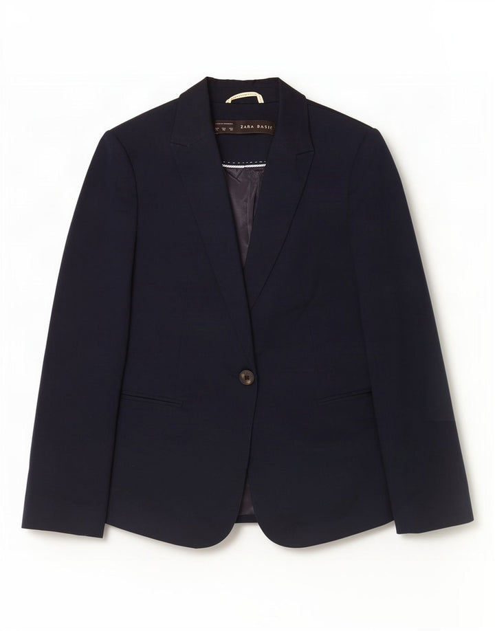 Zara Womens 1 Button Blazer Jacket UK 6 XS Navy Blue Cotton