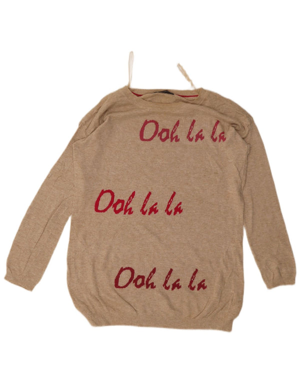 Marks & Spencer Womens Graphic Boat Neck Jumper Sweater UK 12 Medium Beige