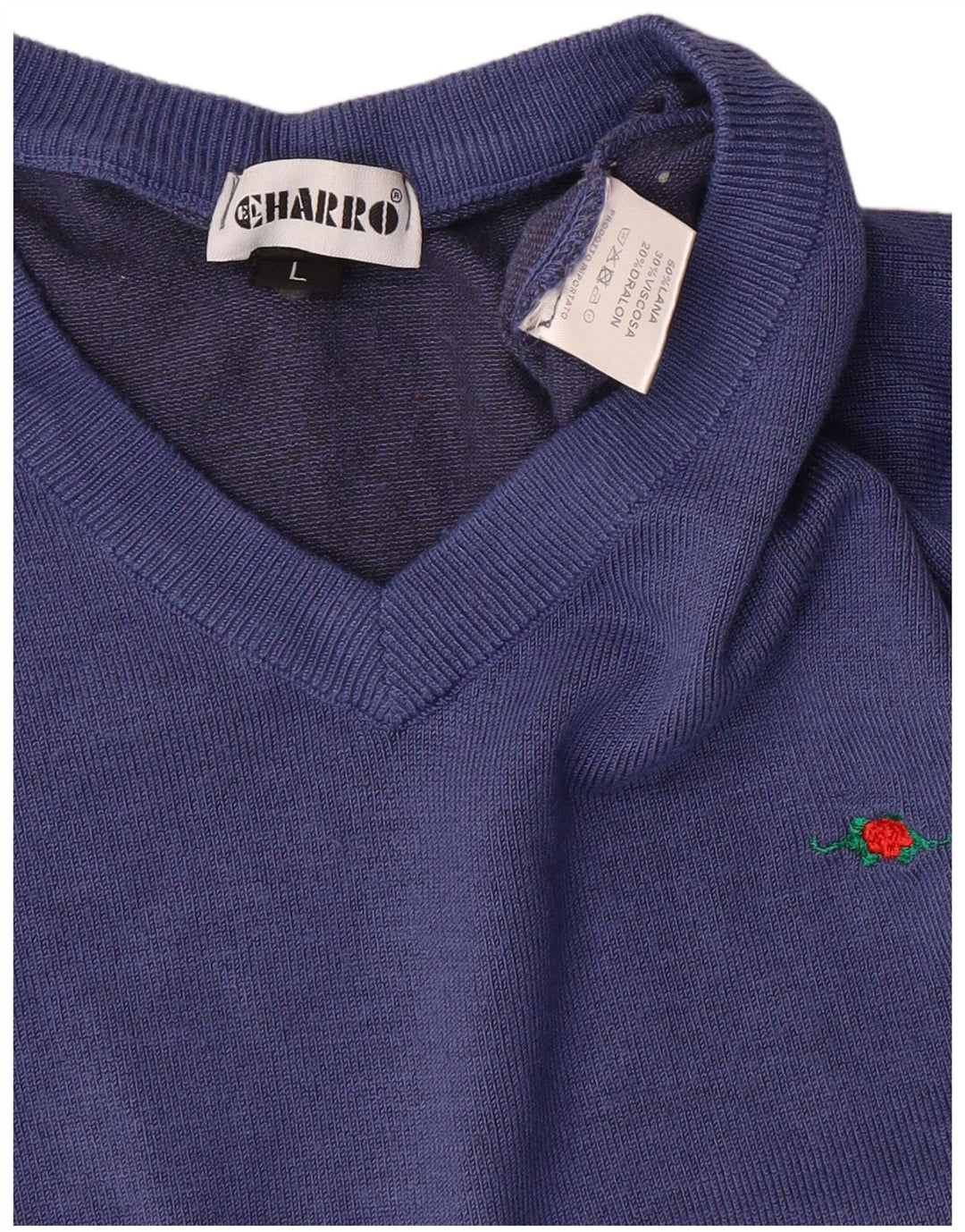 EL CHARRO Womens V-Neck Jumper Sweater UK 14 Large Navy Blue Wool