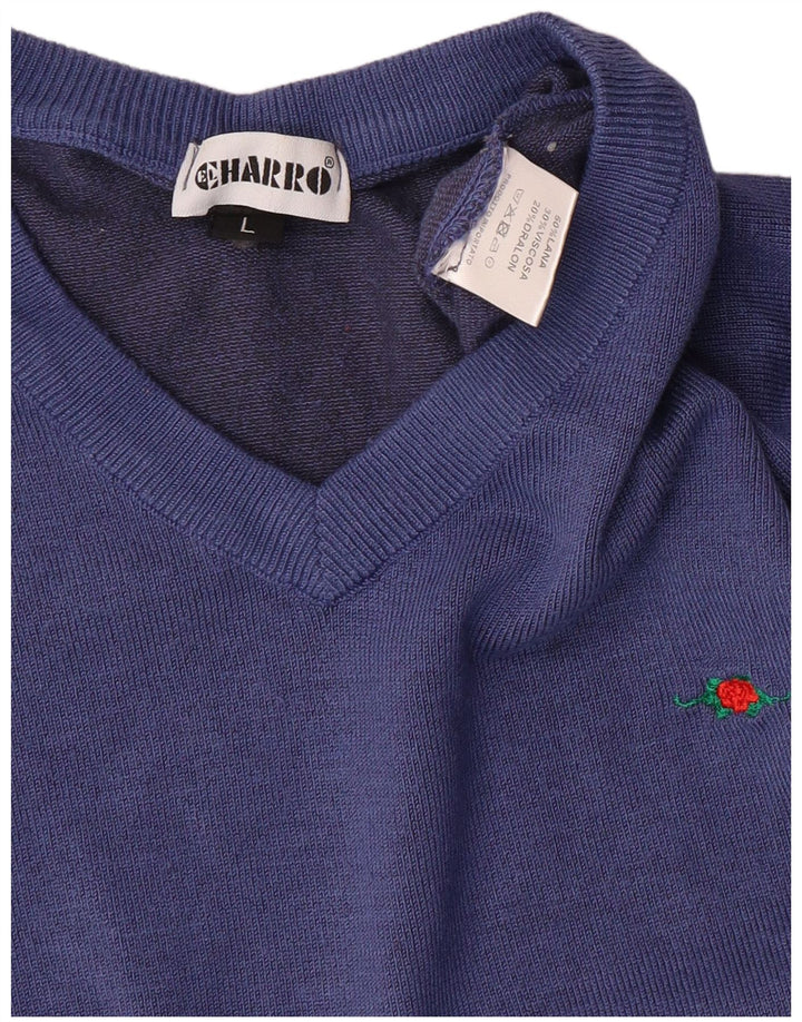 EL CHARRO Womens V-Neck Jumper Sweater UK 14 Large Navy Blue Wool