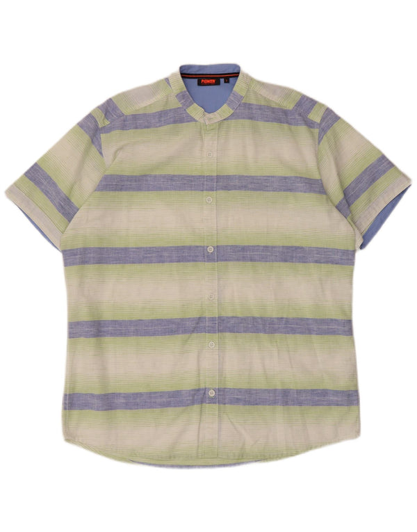 Pioneer Mens Short Sleeve Shirt Large Green Striped Cotton
