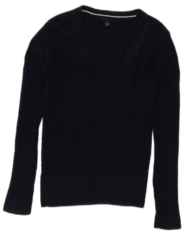 Tommy Hilfiger Womens V-Neck Jumper Sweater UK 14 Medium Navy Blue Cotton