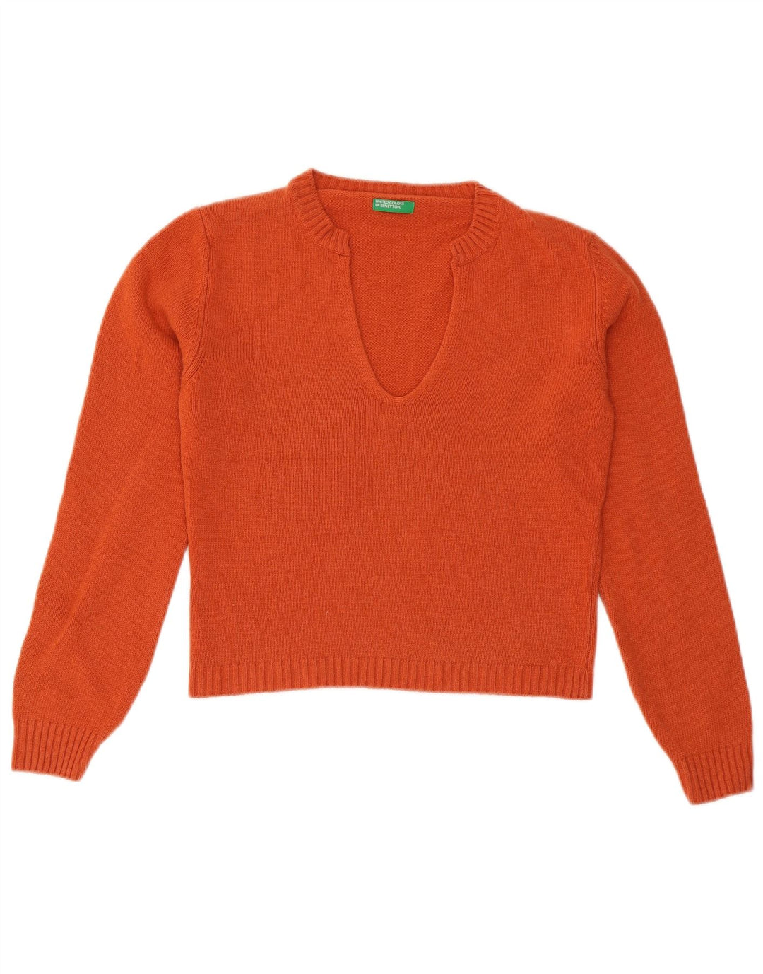 Benetton Womens Crop V-Neck Jumper Sweater UK 12 Medium Orange Wool