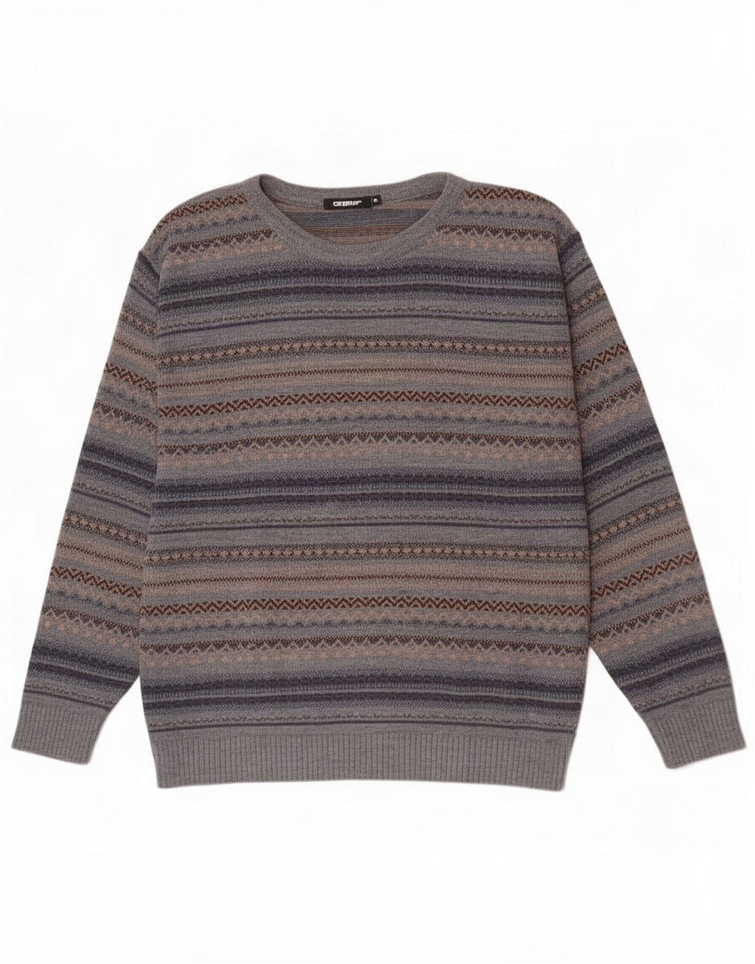 Vintage Mens Boat Neck Jumper Sweater Medium Grey Fair Isle Acrylic