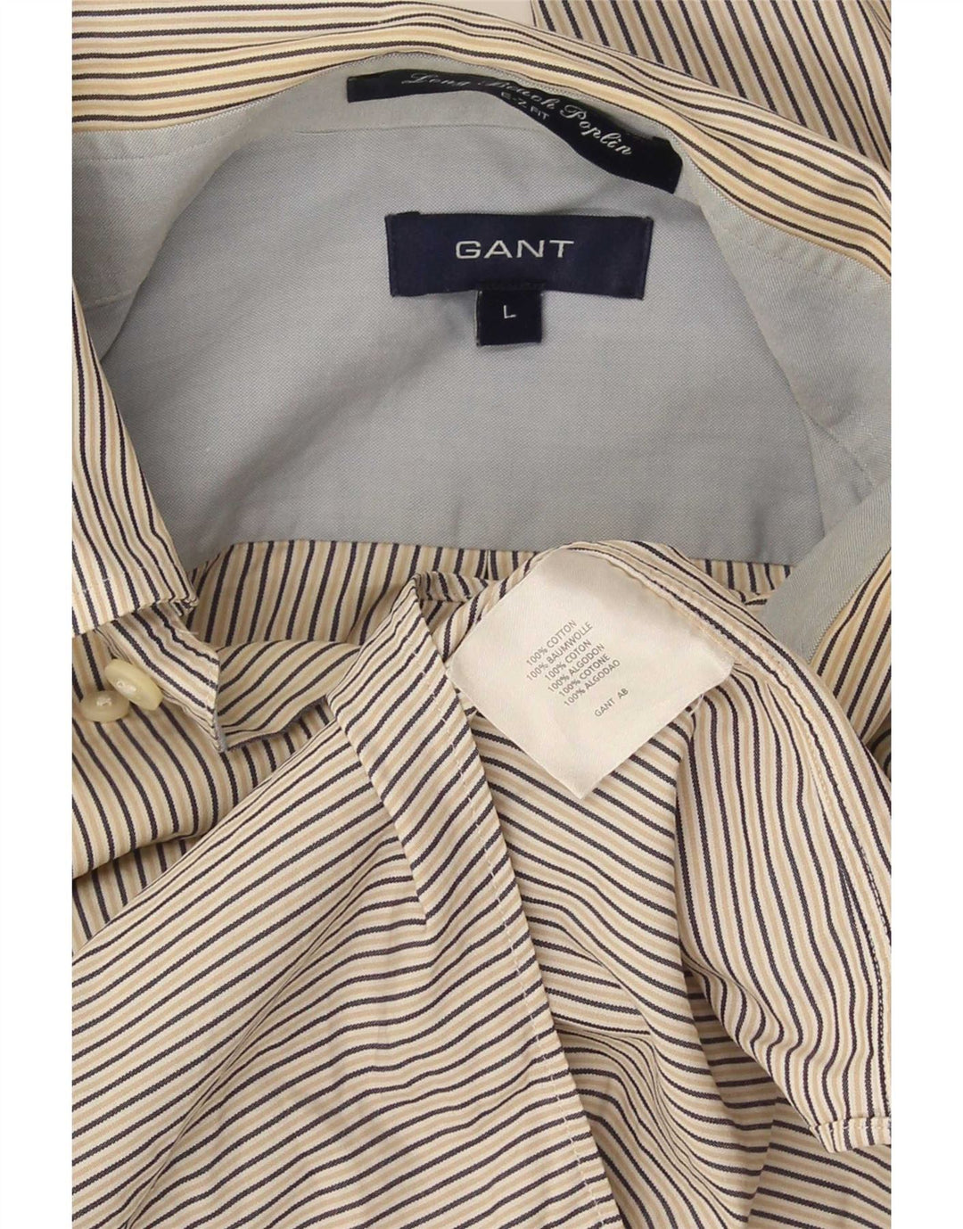 Gant Mens E-Z Fit Shirt Large Beige Pinstripe Cotton