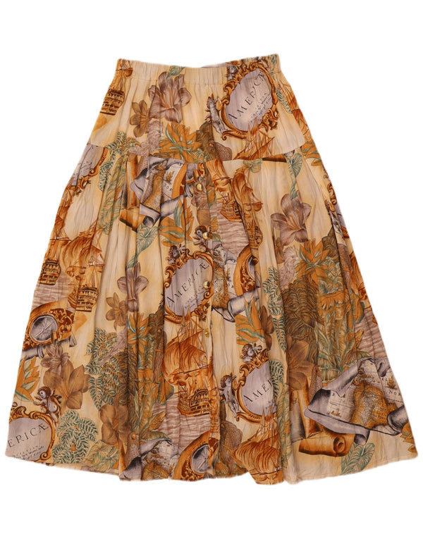 Vintage Womens Graphic Flared Skirt XL W34 Beige Floral Viscose
