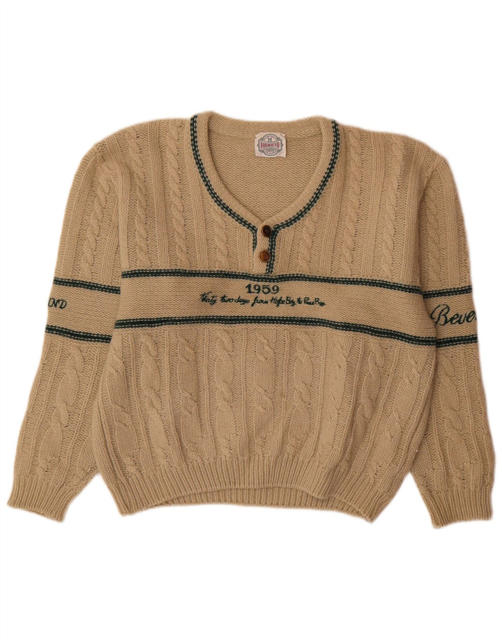 Foxhound Mens Graphic V-Neck Jumper Sweater Large Beige Striped Wool
