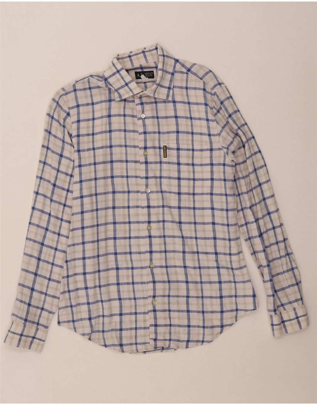 ARMANI JEANS Mens Shirt Medium Blue Check Linen