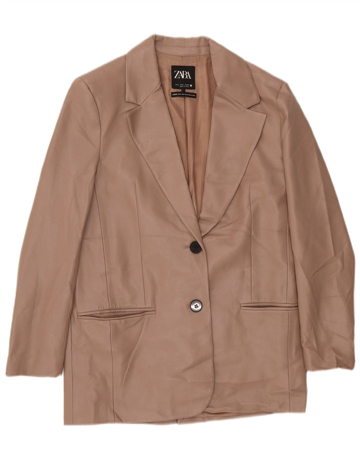 Zara Womens 2 Button Faux Leather Blazer Jacket UK 10 Small Beige Polyester