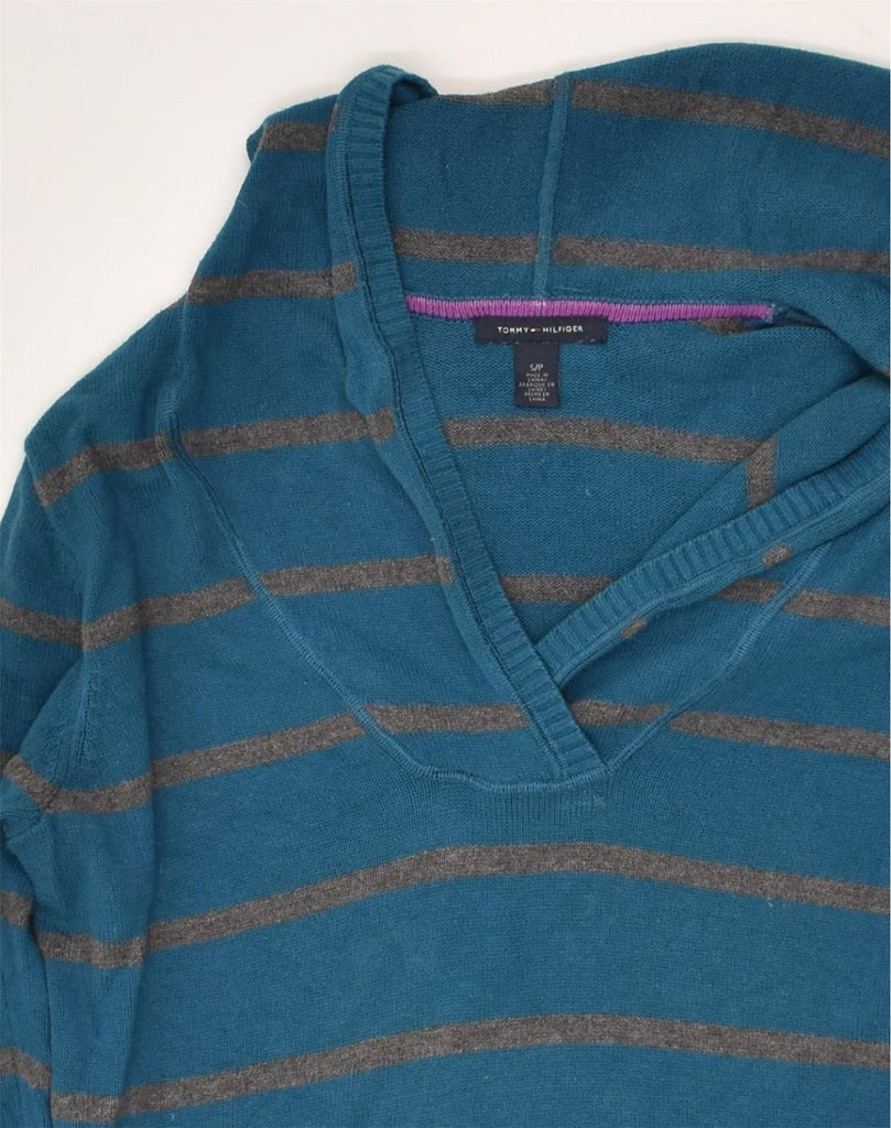 TOMMY HILFIGER Womens Hooded V-Neck Jumper Sweater UK 10 Small Blue | Vintage Tommy Hilfiger | Thrift | Second-Hand Tommy Hilfiger | Used Clothing | Messina Hembry 