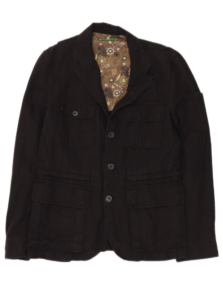 BENETTON Mens 3 Button Blazer Jacket IT 48 Medium Black Linen