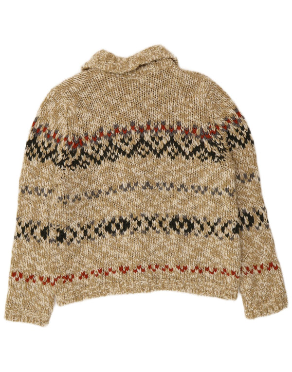 Benetton Womens Cardigan Sweater UK 14 Medium Green Fair Isle Wool